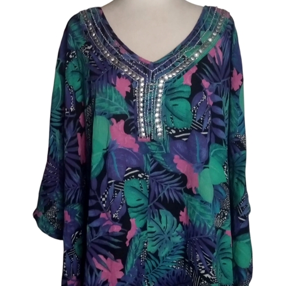 Swimsuits For All Jewelled Neckline Botanical Print Cotton Caftan Cover Up 26/28 - Picture 3 of 9